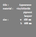 title : Appearance material : vinylchloride pigment lacquer size : ｗ 450 ㎜ ｈ 600 ㎜